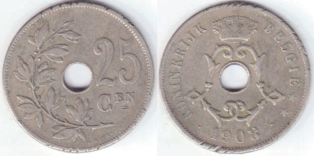 1908 Belgium 25 Centimes A002045